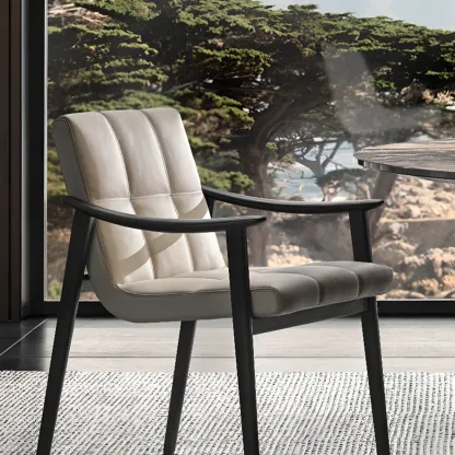 White Tufted Upholstered Wood Dining Chairs With Armrest Image - 4