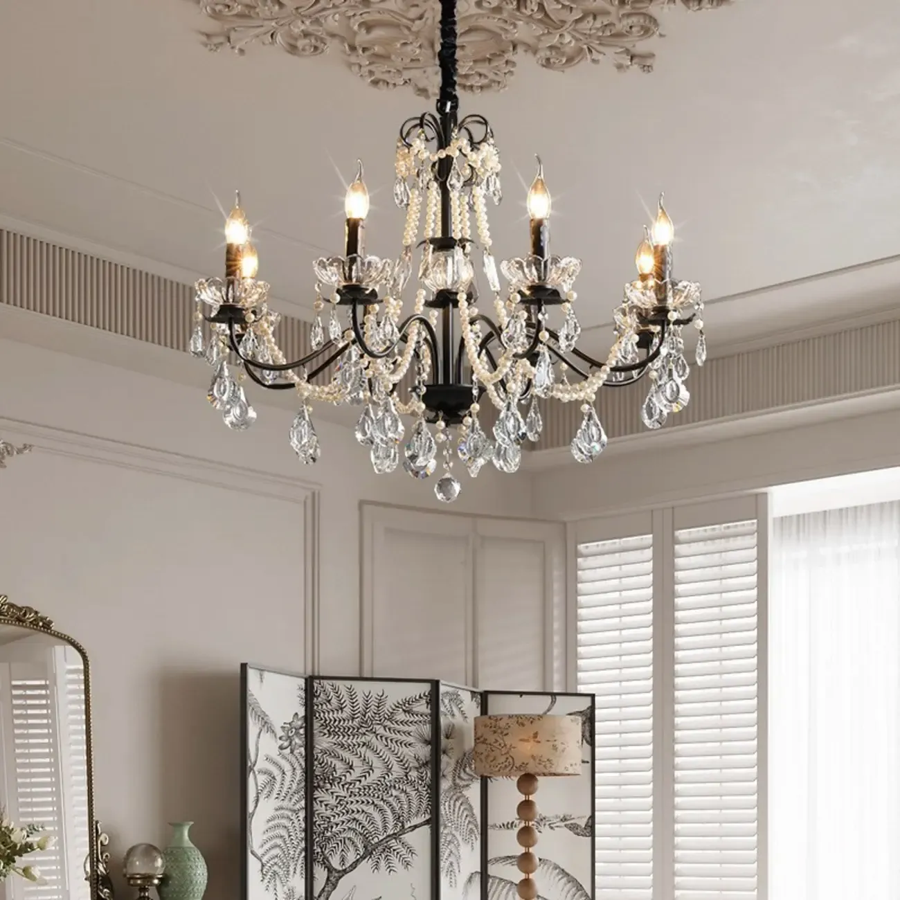 French Country Crystal Pendant Chandelier With Pearl Beads Image - 1