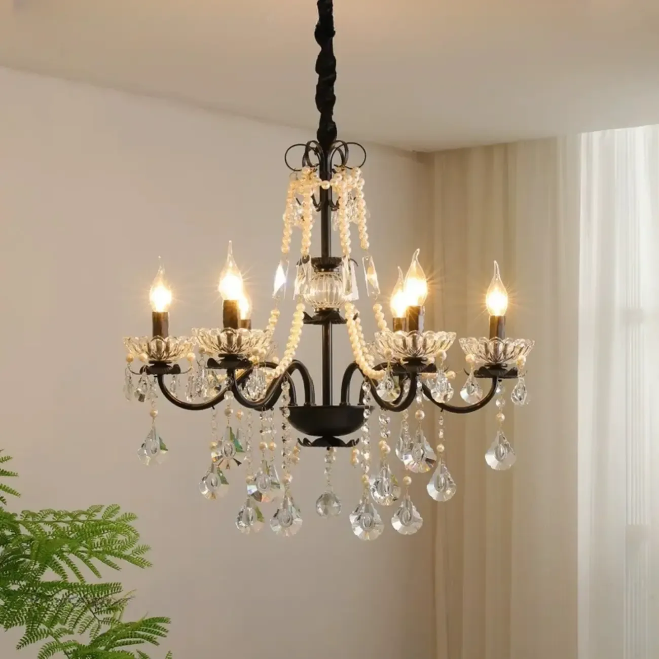 French Country Crystal Pendant Chandelier With Pearl Beads Image - 3