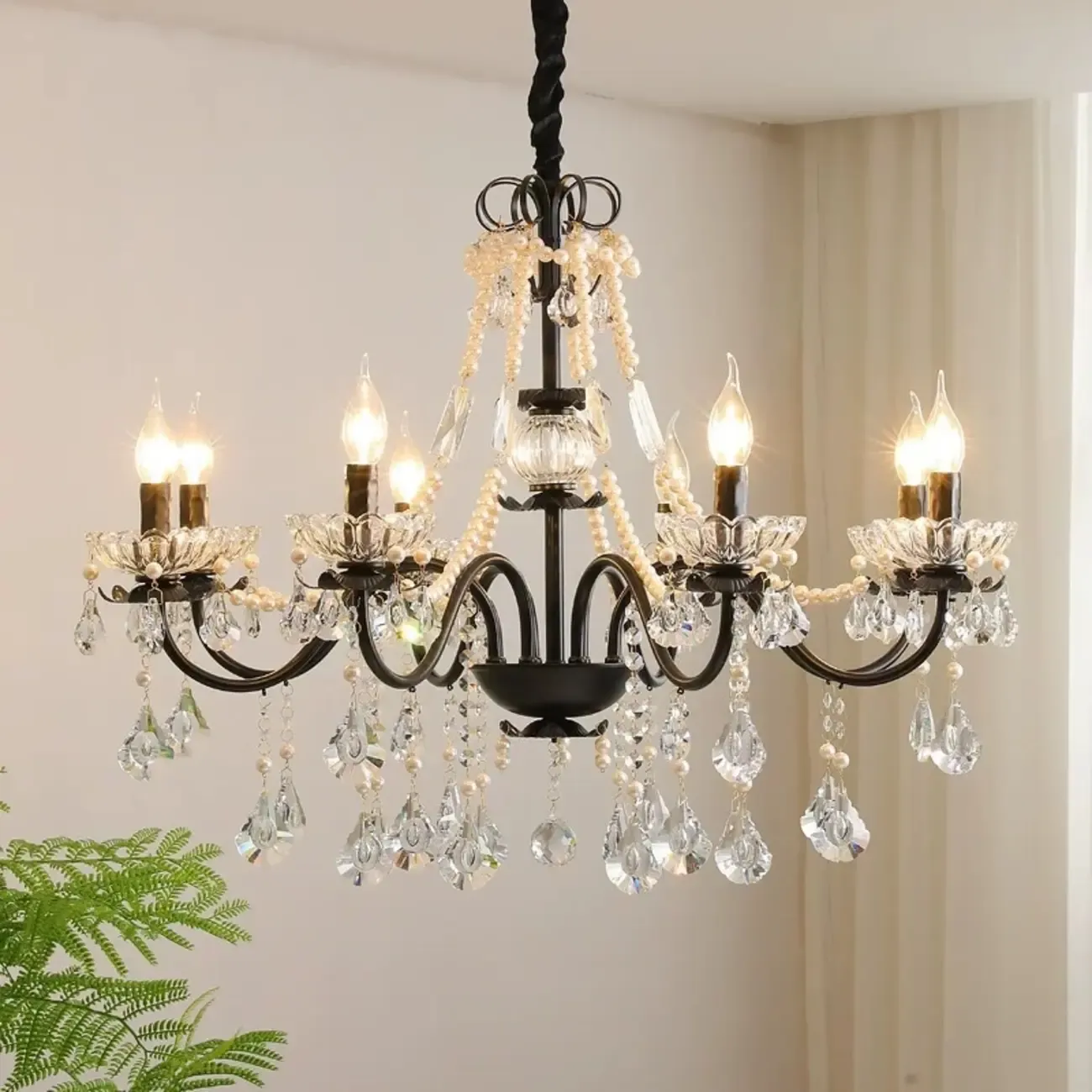 French Country Crystal Pendant Chandelier With Pearl Beads Image - 4