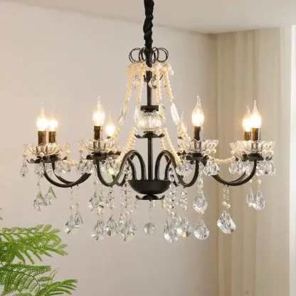 French Country Crystal Pendant Chandelier With Pearl Beads Image - 4