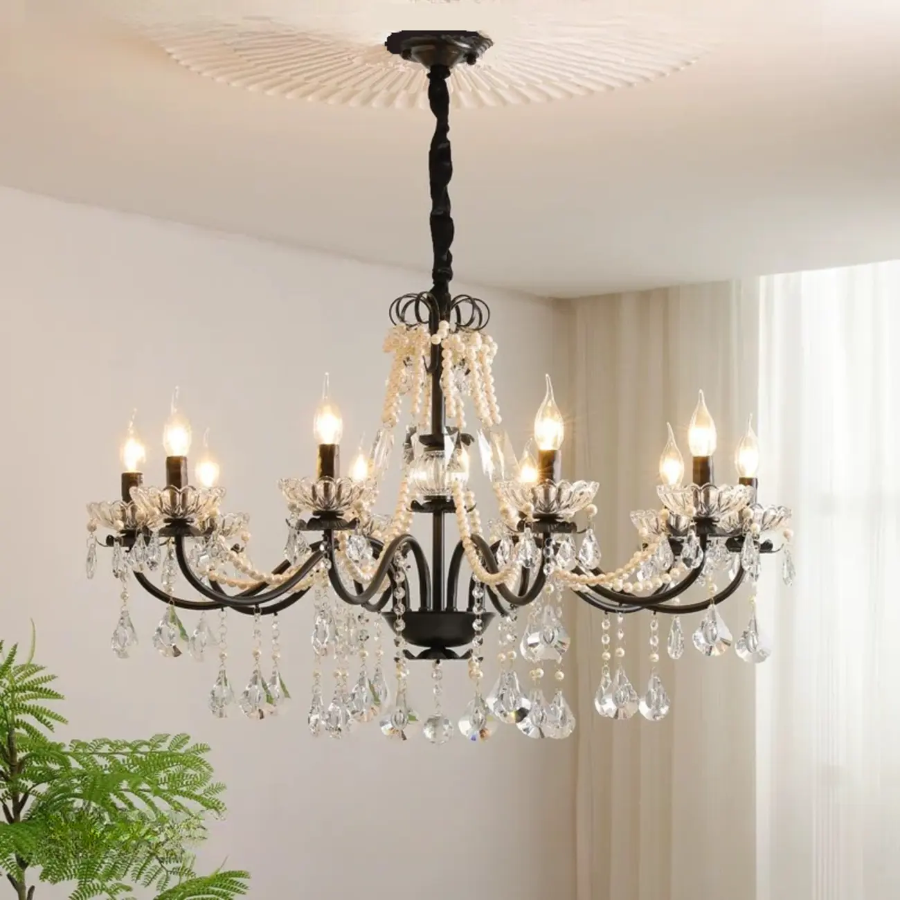French Country Crystal Pendant Chandelier With Pearl Beads Image - 5 | homeyfad