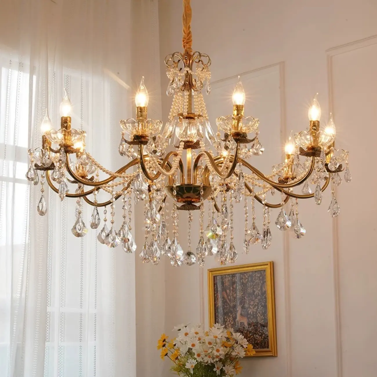 French Country Crystal Pendant Chandelier With Pearl Beads Image - 6 | homeyfad