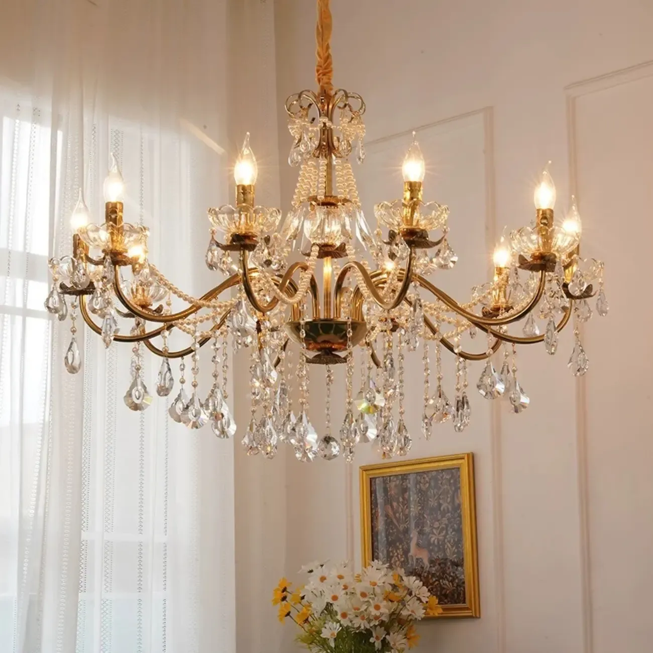 French Country Crystal Pendant Chandelier With Pearl Beads Image - 6