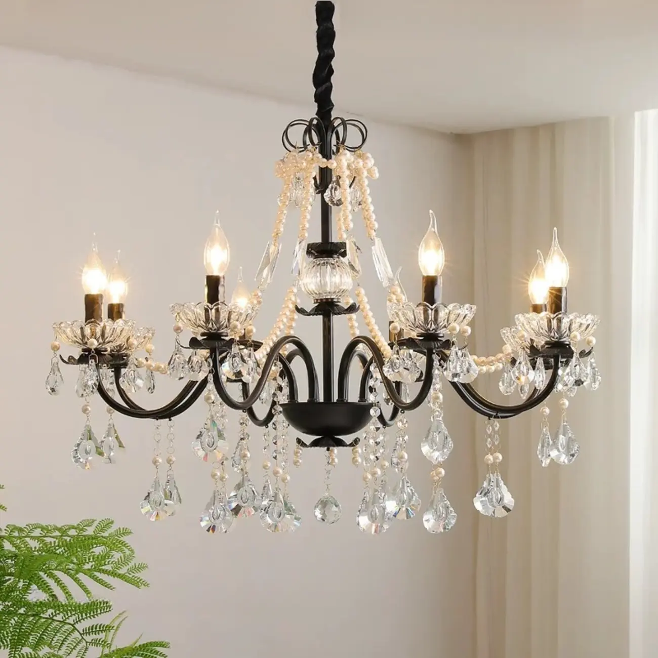 French Country Crystal Pendant Chandelier With Pearl Beads Image - 7 | homeyfad
