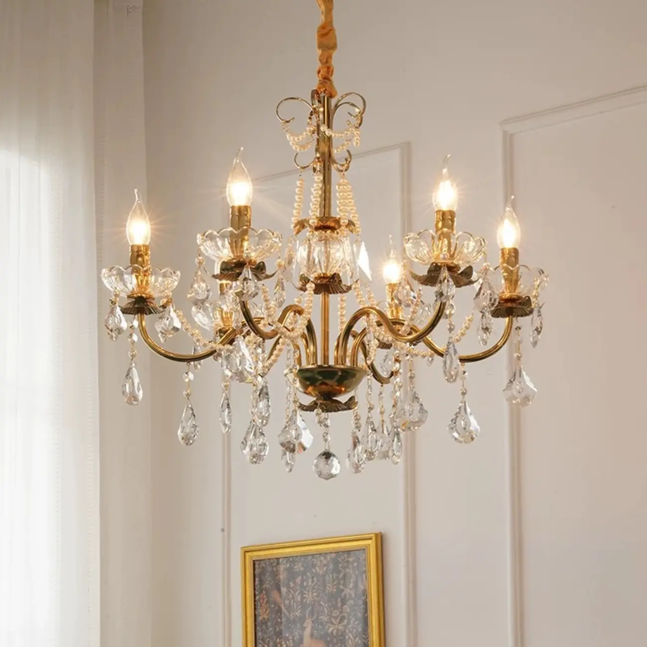 French Country Crystal Pendant Chandelier With Pearl Beads Image - 9 | homeyfad