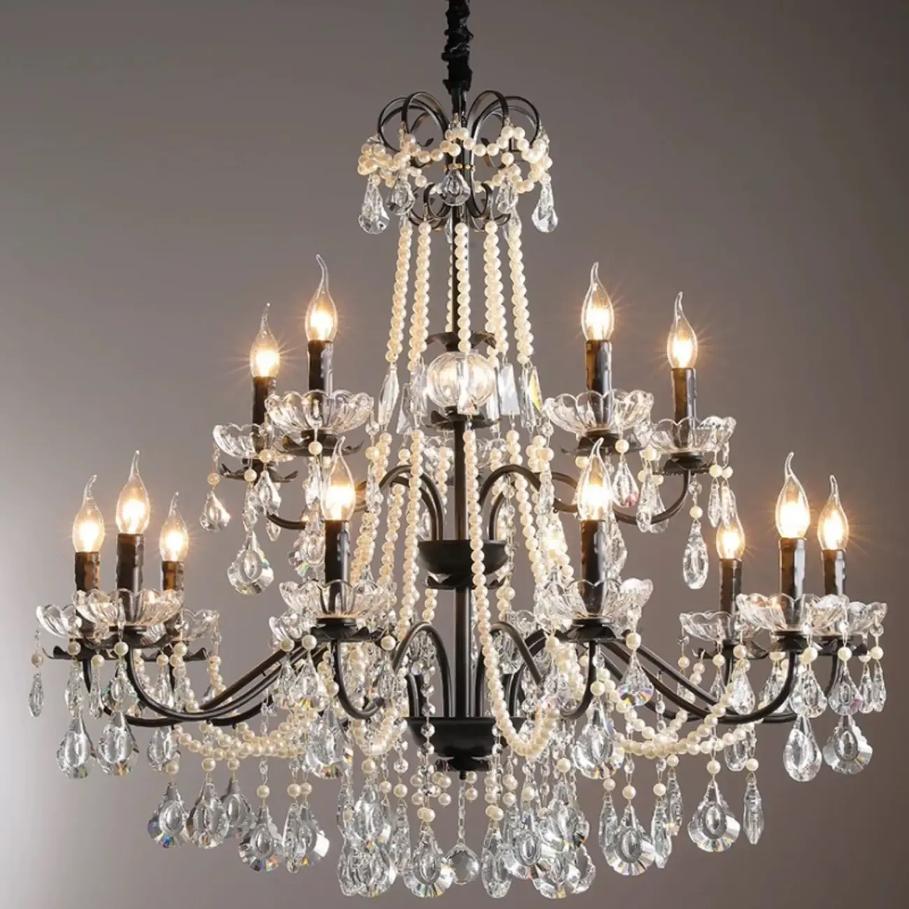French Country Crystal Pendant Chandelier With Pearl Beads Image - 12