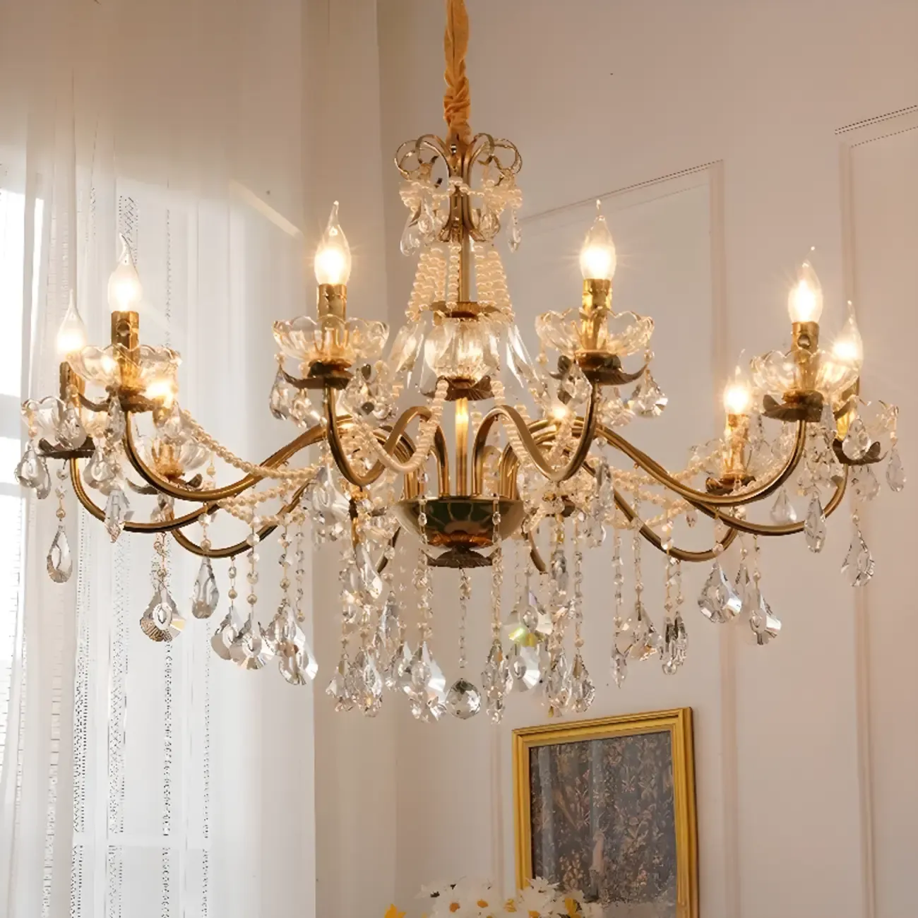 French Country Crystal Pendant Chandelier With Pearl Beads Image - 13
