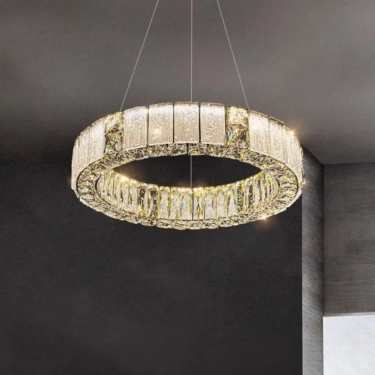 Gold Circular Crystal Linear Modern Chandelier Light Image - 6