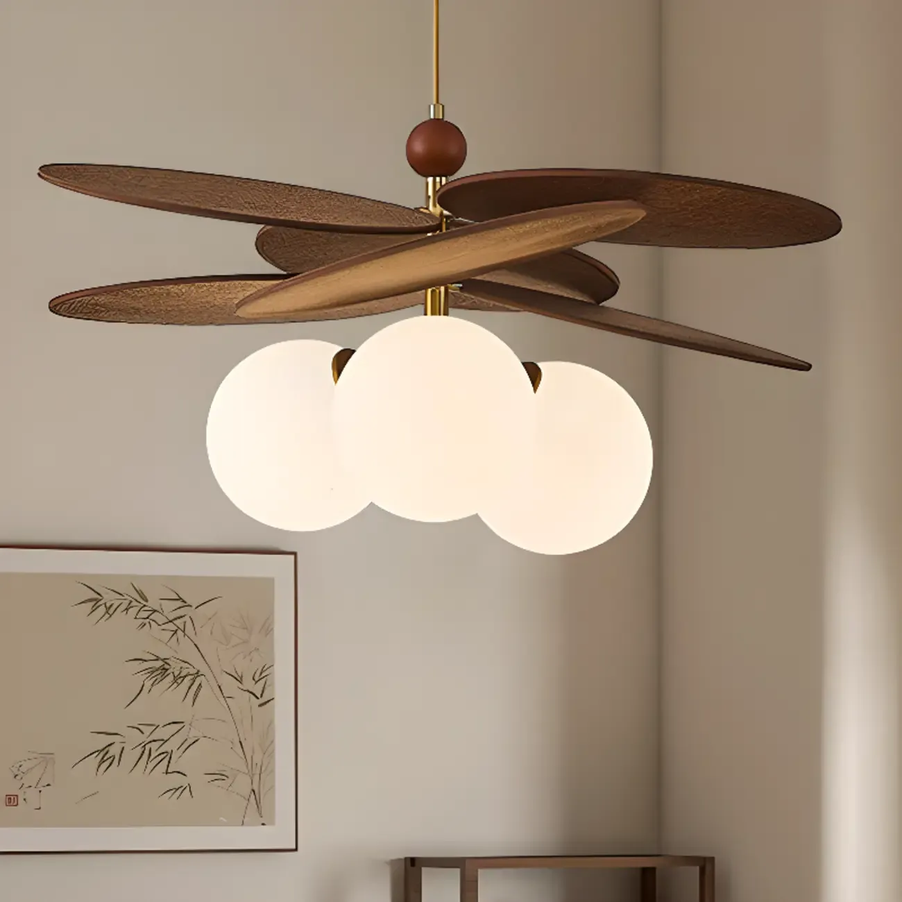 Brown Leaf Wood Orb Glass Modern Pendant Light Image - 3