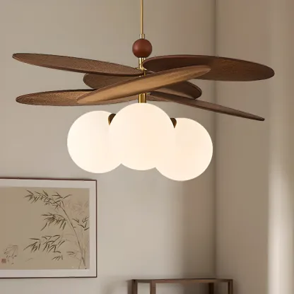 Brown Leaf Wood Orb Glass Modern Pendant Light Image - 3