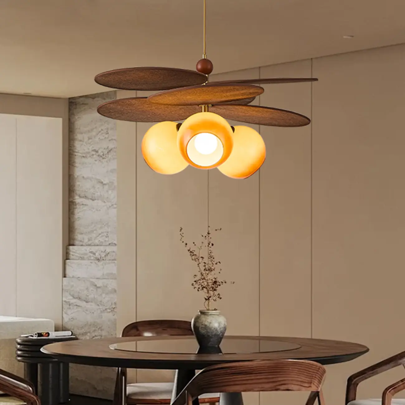 Brown Leaf Wood Orb Glass Modern Pendant Light Image - 1 | homeyfad