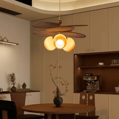 Brown Leaf Wood Orb Glass Modern Pendant Light Image - 2