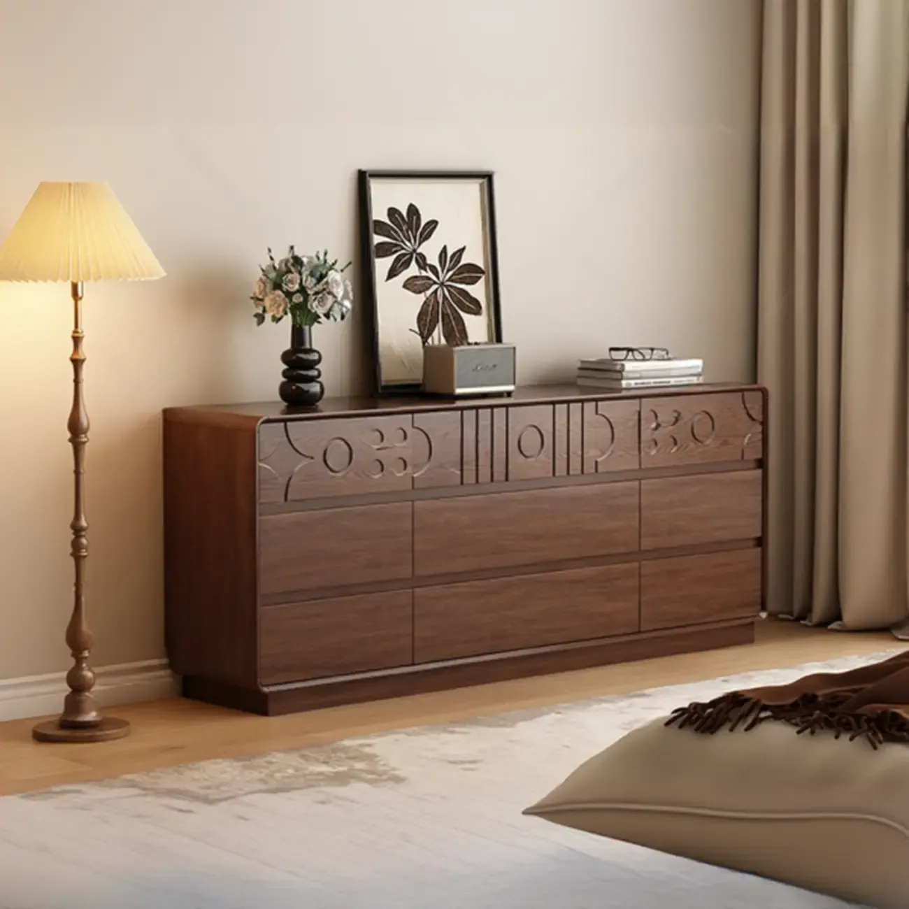 Mid-Century Modern Horizonal Brown Wood Bedroom Dresser Image - 2