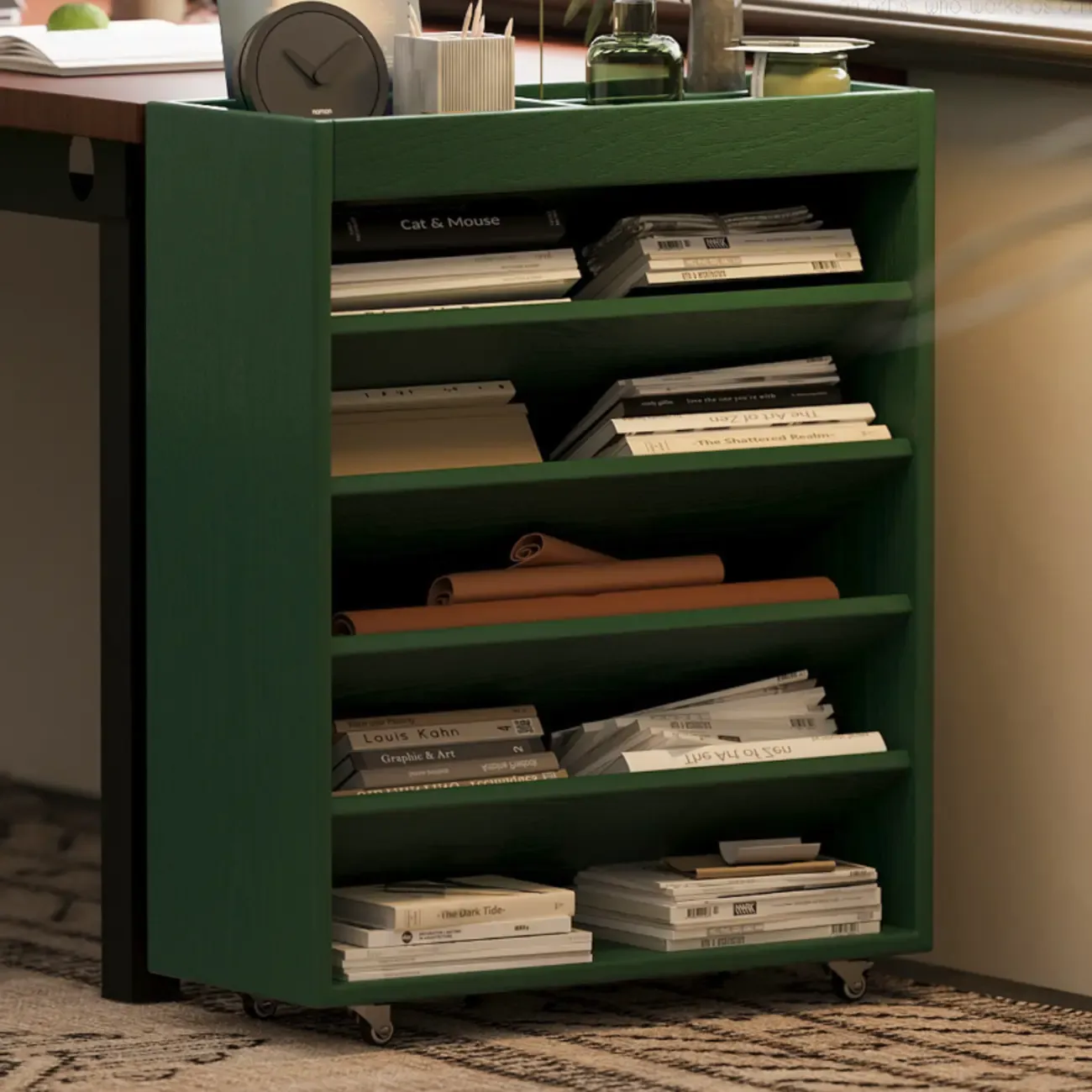 5-tier Rubberwood Vertical Storage Bookcase with Wheels Image - 6