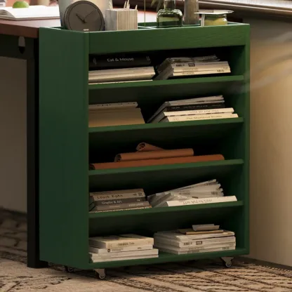 5-tier Rubberwood Vertical Storage Bookcase with Wheels Image - 6