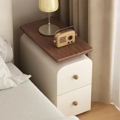 Faux Leather Modern Curved Nightstand Wood Top Image - 2