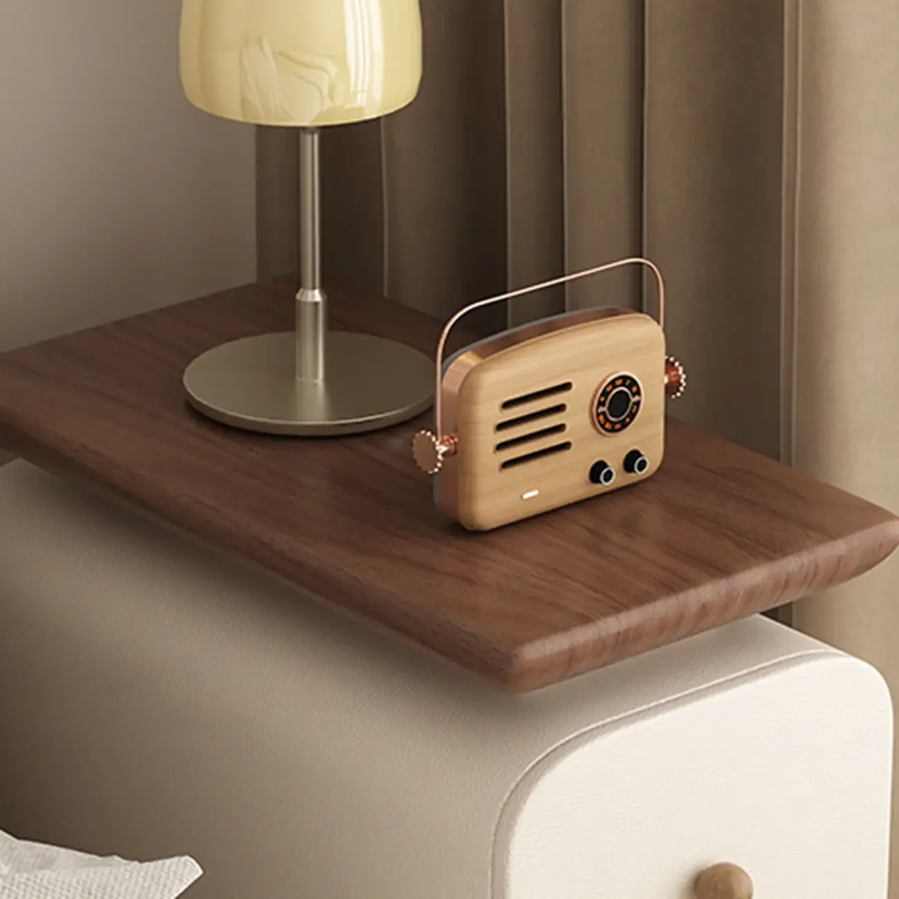 Faux Leather Modern Curved Nightstand Wood Top Image - 4