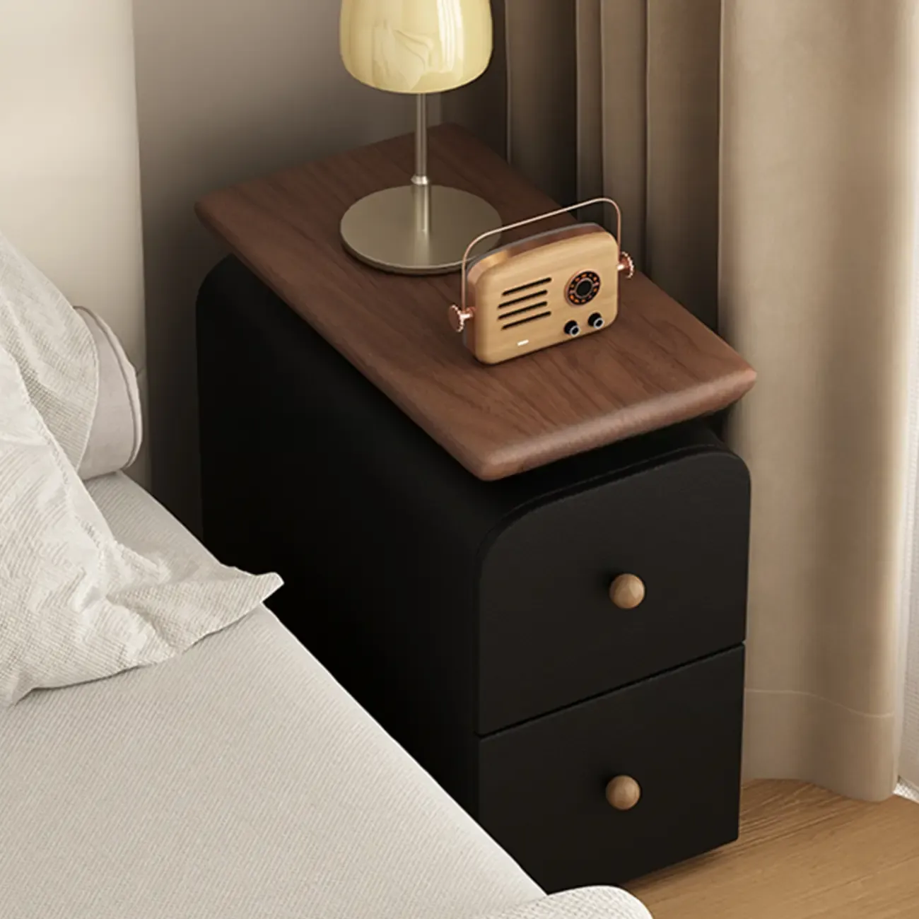 Faux Leather Modern Curved Nightstand Wood Top Image - 7