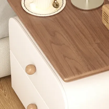 Faux Leather Modern Curved Nightstand Wood Top Image - 8