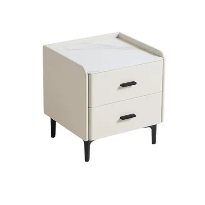 Elegant Modern Faux Leather Stone Top Nightstand Image - 2