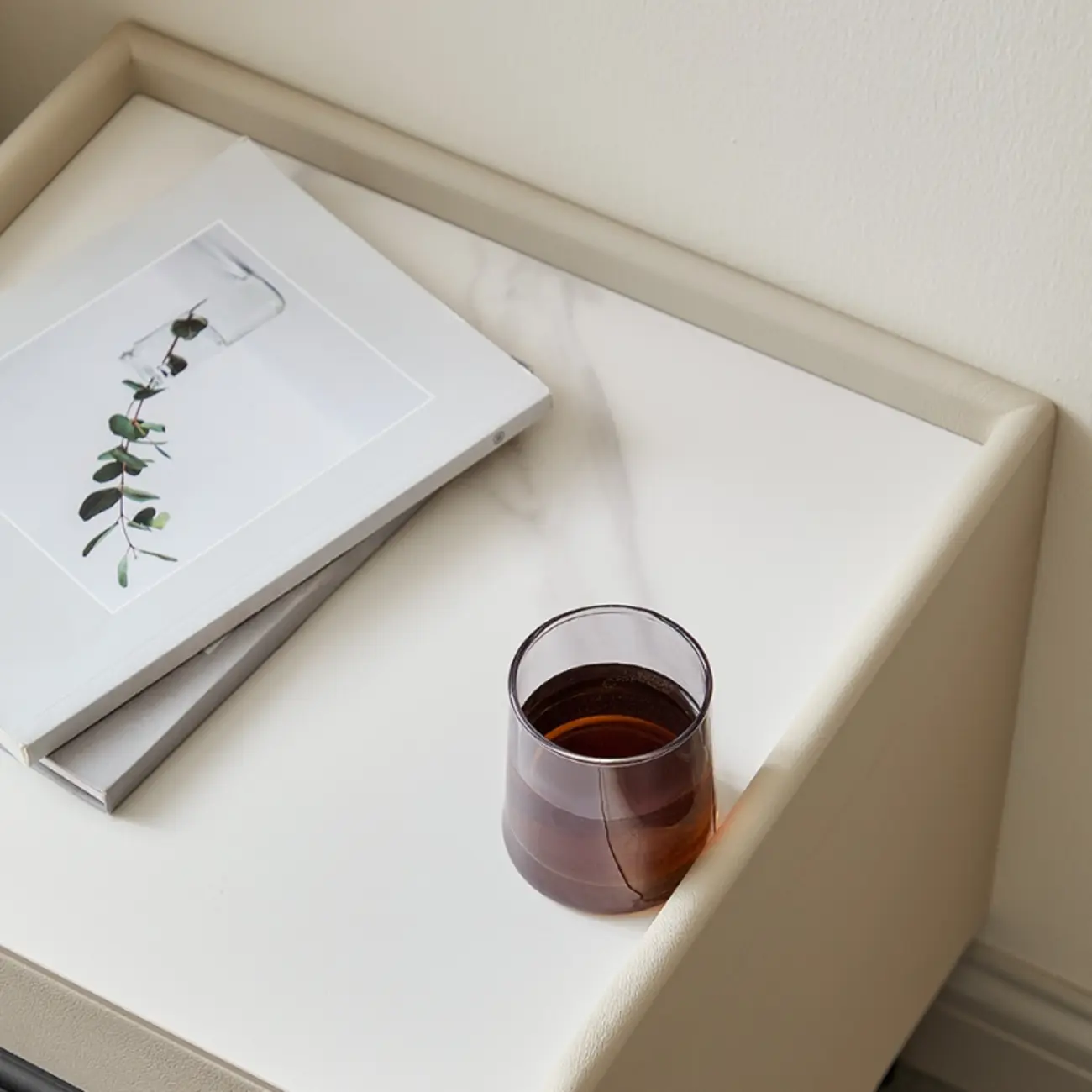 Elegant Modern Faux Leather Stone Top Nightstand Image - 8 | homeyfad