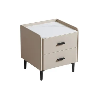 Elegant Modern Faux Leather Stone Top Nightstand Image - 11