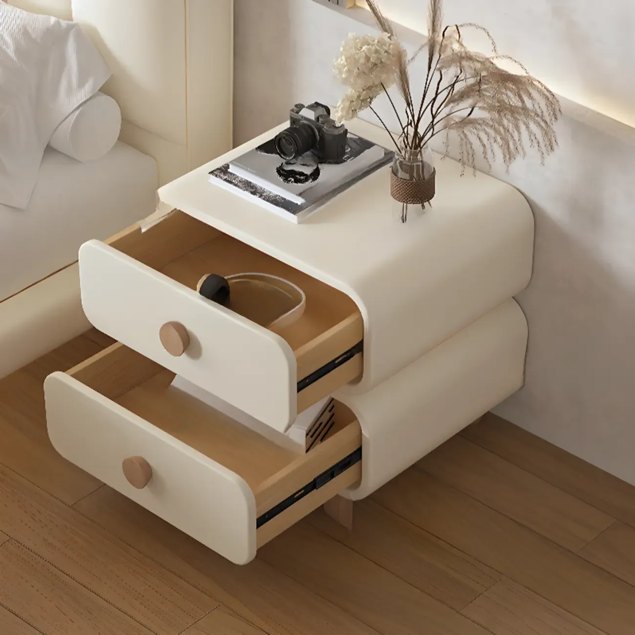 Pleather Scandinavian Nightstand With Faux Leather Finish Image - 1