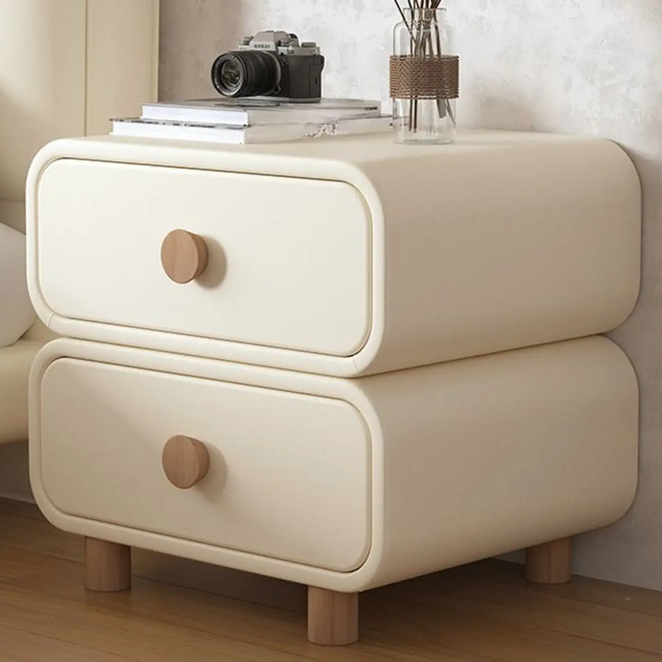 Pleather Scandinavian Nightstand With Faux Leather Finish Image - 2 | homeyfad