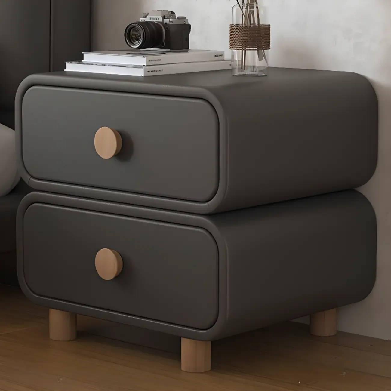 Pleather Scandinavian Nightstand With Faux Leather Finish Image - 5
