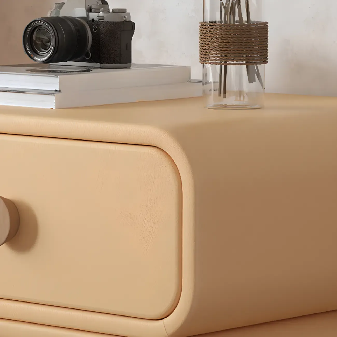 Pleather Scandinavian Nightstand With Faux Leather Finish Image - 6