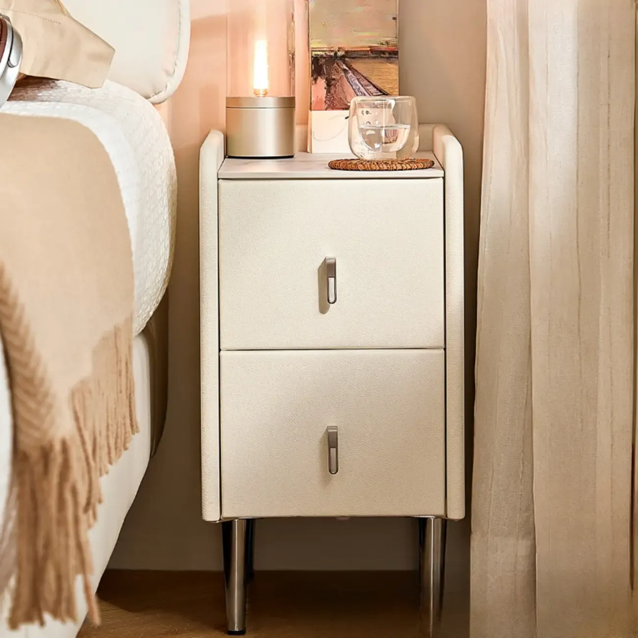 Modern Elegant Stone Top Leather Narrow Nightstand Image - 1