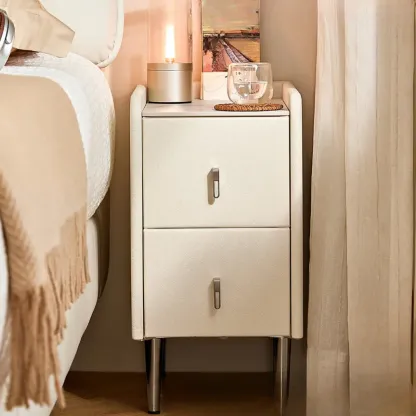 Modern Elegant Stone Top Leather Narrow Nightstand Image - 1