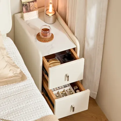 Modern Elegant Stone Top Leather Narrow Nightstand Image - 4