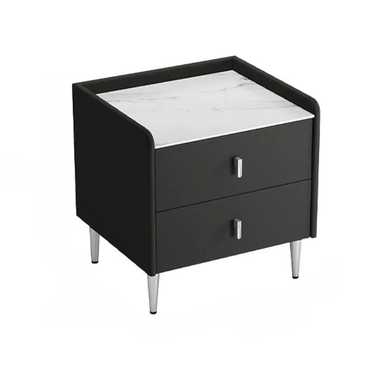 Modern Elegant Stone Top Leather Narrow Nightstand Image - 5