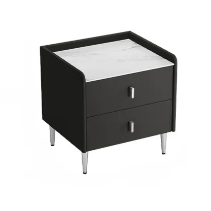 Modern Elegant Stone Top Leather Narrow Nightstand Image - 5