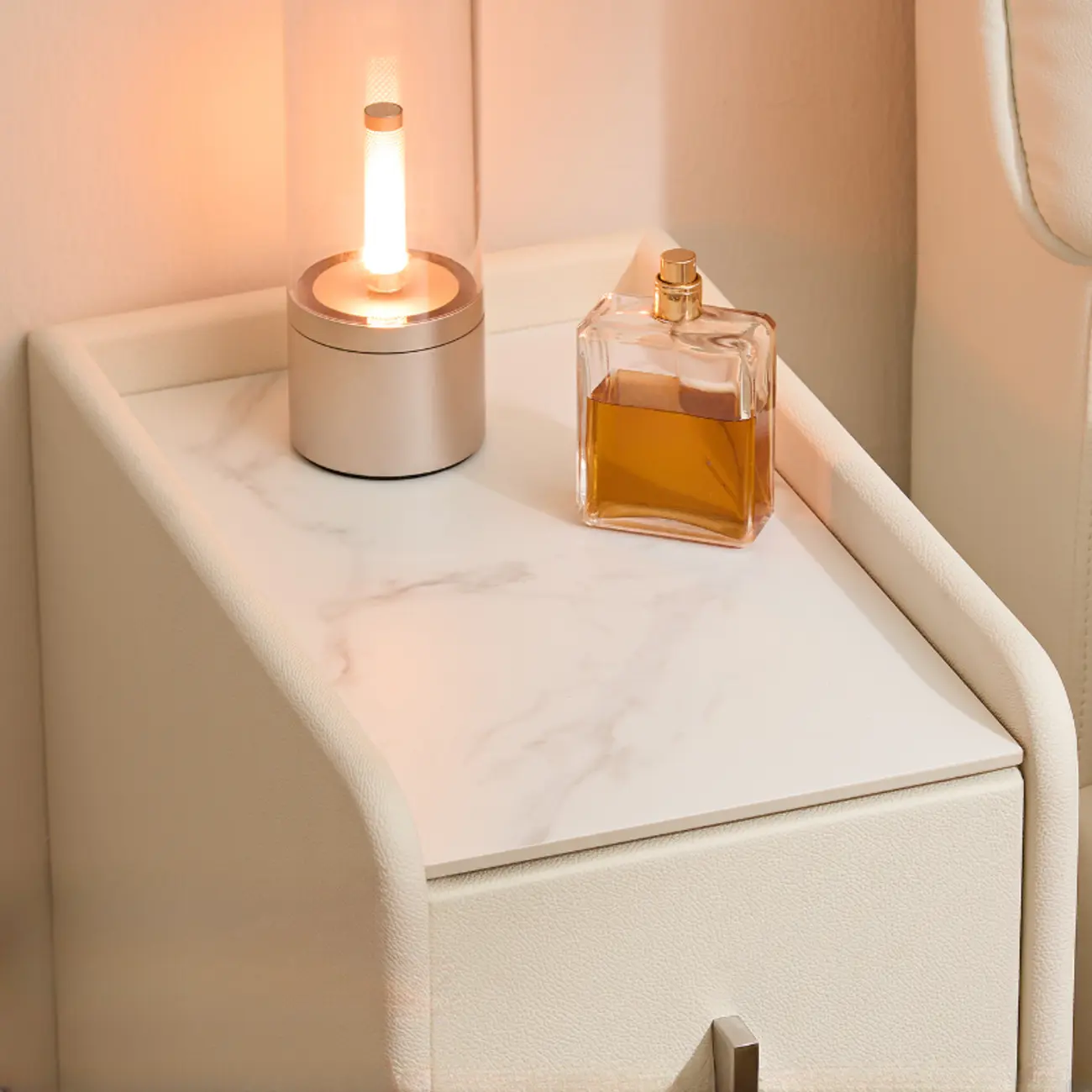 Modern Elegant Stone Top Leather Narrow Nightstand Image - 6 | homeyfad