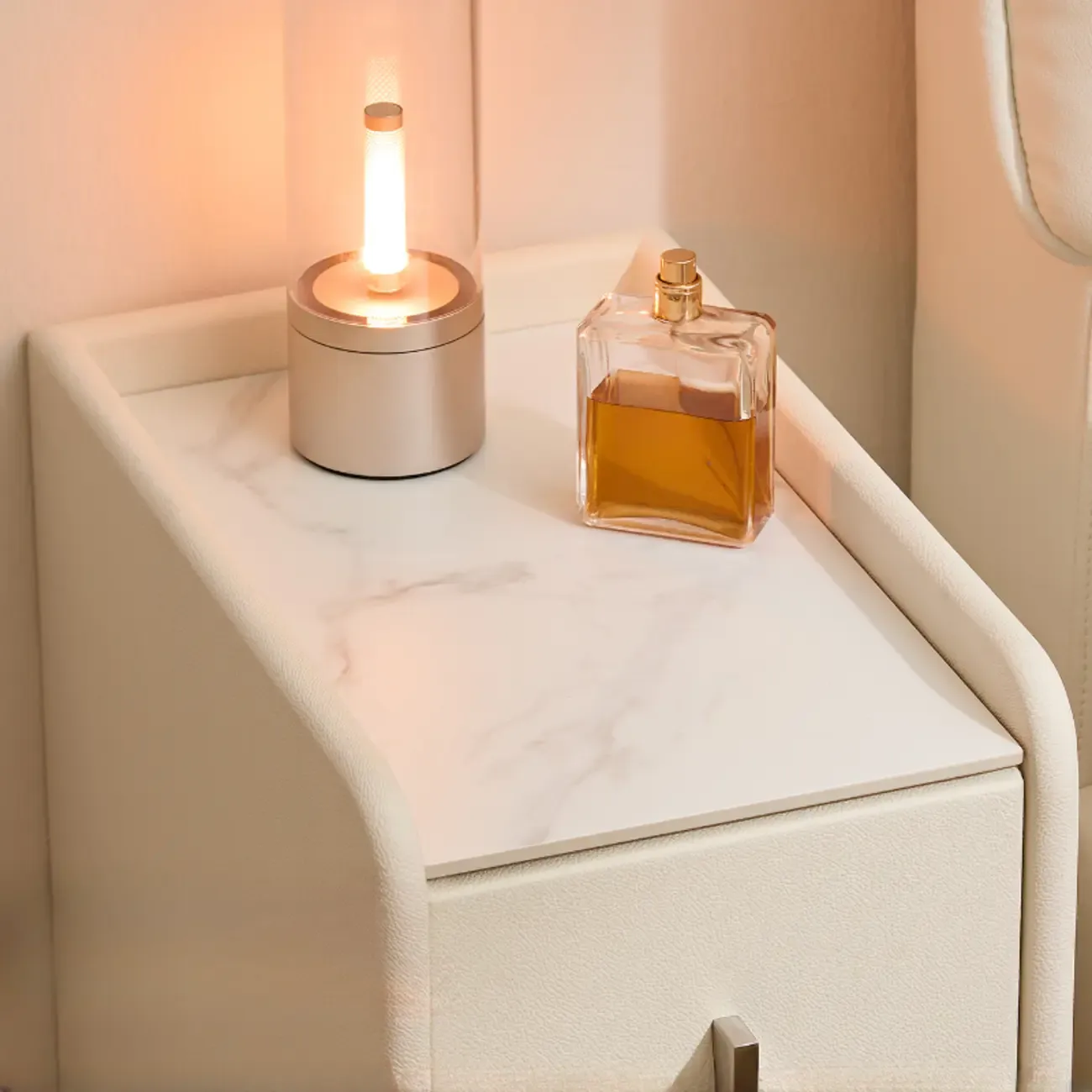 Modern Elegant Stone Top Leather Narrow Nightstand Image - 6