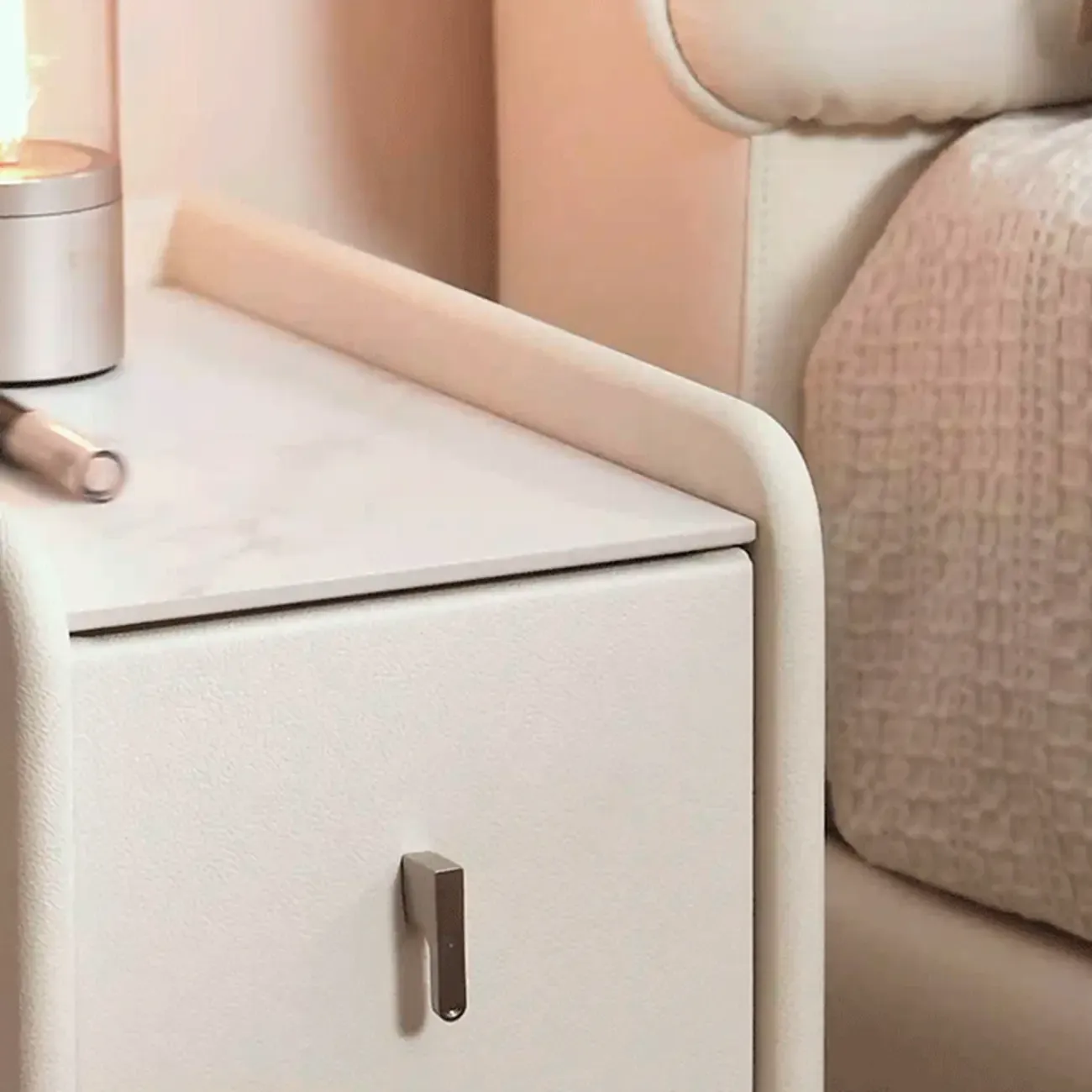 Modern Elegant Stone Top Leather Narrow Nightstand Image - 7