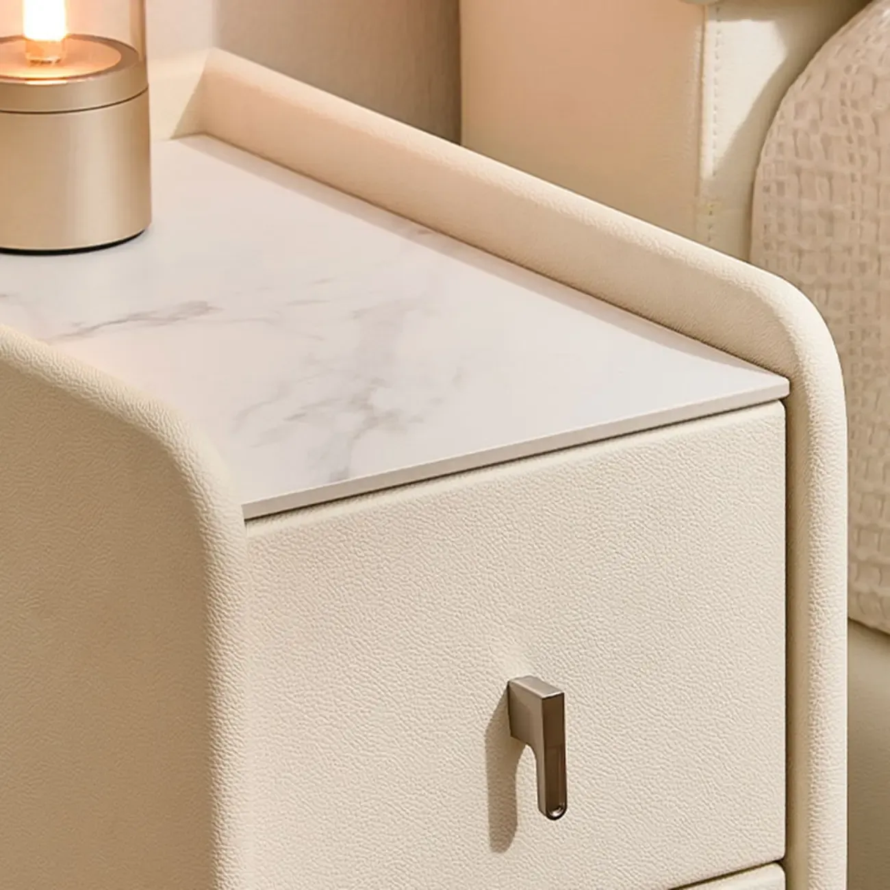 Modern Elegant Stone Top Leather Narrow Nightstand Image - 8