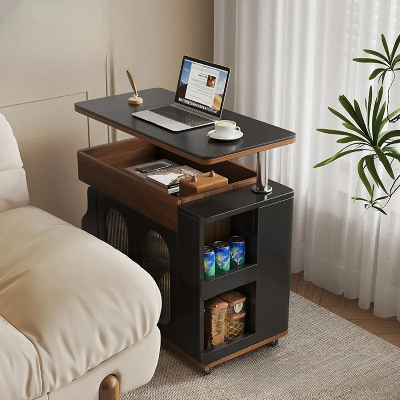 Foldable Modern Multi-level Mobile Wood Side Table Image - 2
