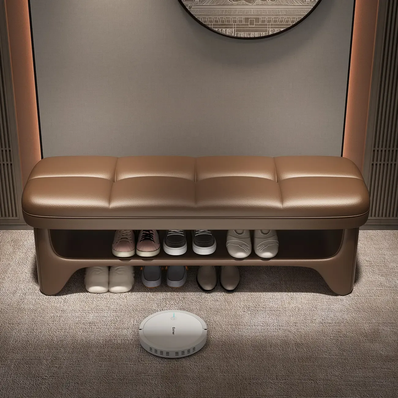 Cushioned Solid Color Modern Entryway Bench with Storage