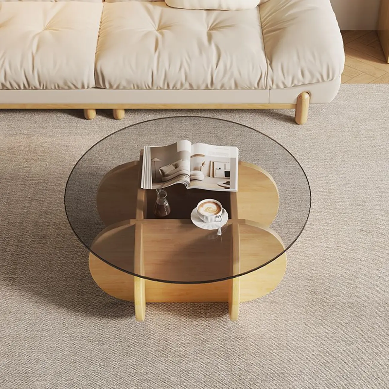 Modern Postmodern Glass Top Cross Legs Coffee Table Image - 5 | homeyfad