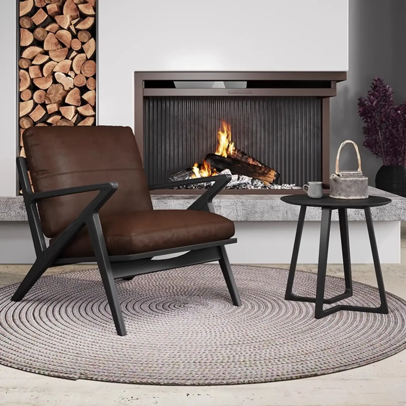 Brown Genuine Leather High Back Armrest Accent Chair Image - 1 | homeyfad