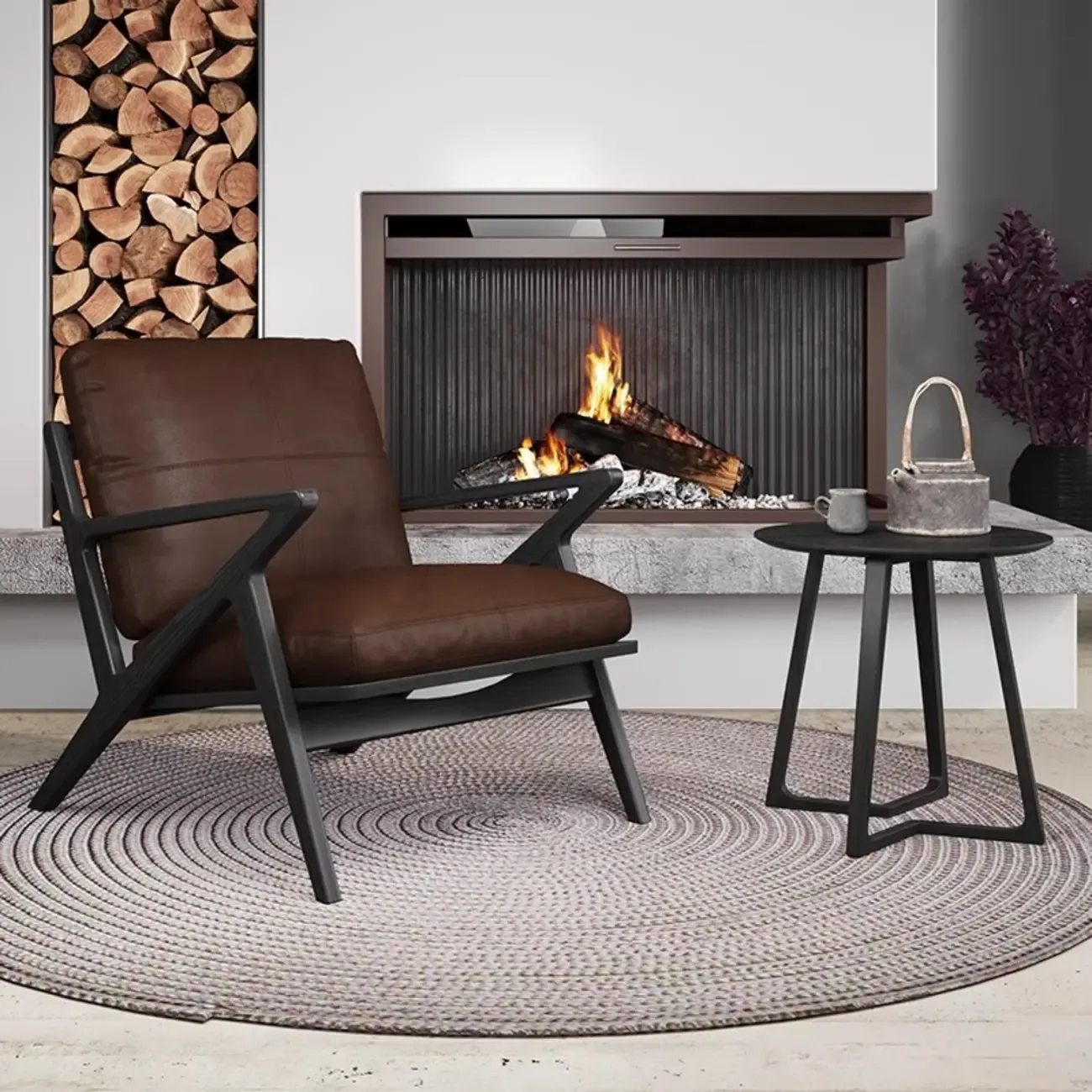 Brown Genuine Leather High Back Armrest Accent Chair Image - 1