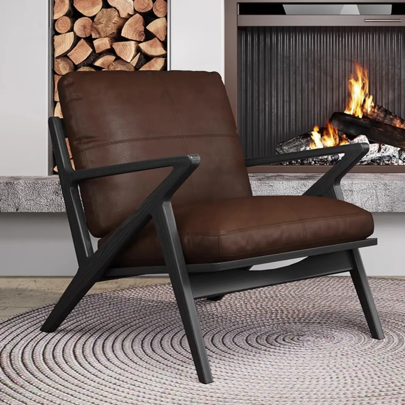 Brown Genuine Leather High Back Armrest Accent Chair Image - 2 | homeyfad