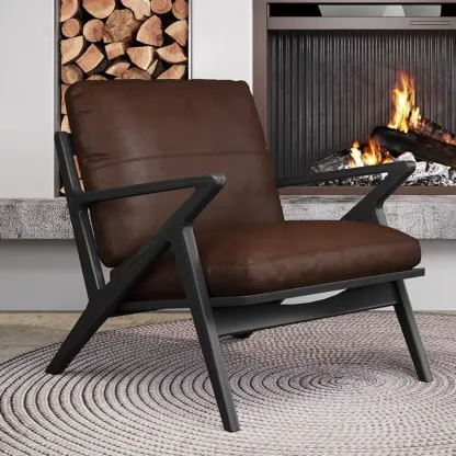 Brown Genuine Leather High Back Armrest Accent Chair Image - 2