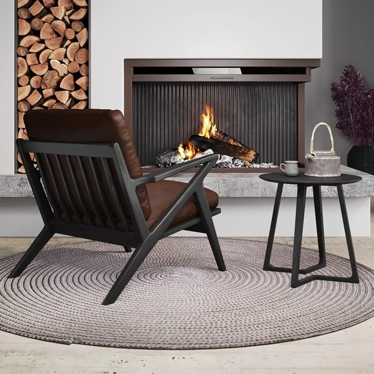 Brown Genuine Leather High Back Armrest Accent Chair Image - 4