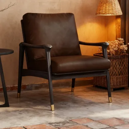 Mid-Century Modern Genuine Leather Arm Chair Living Room Image - 1