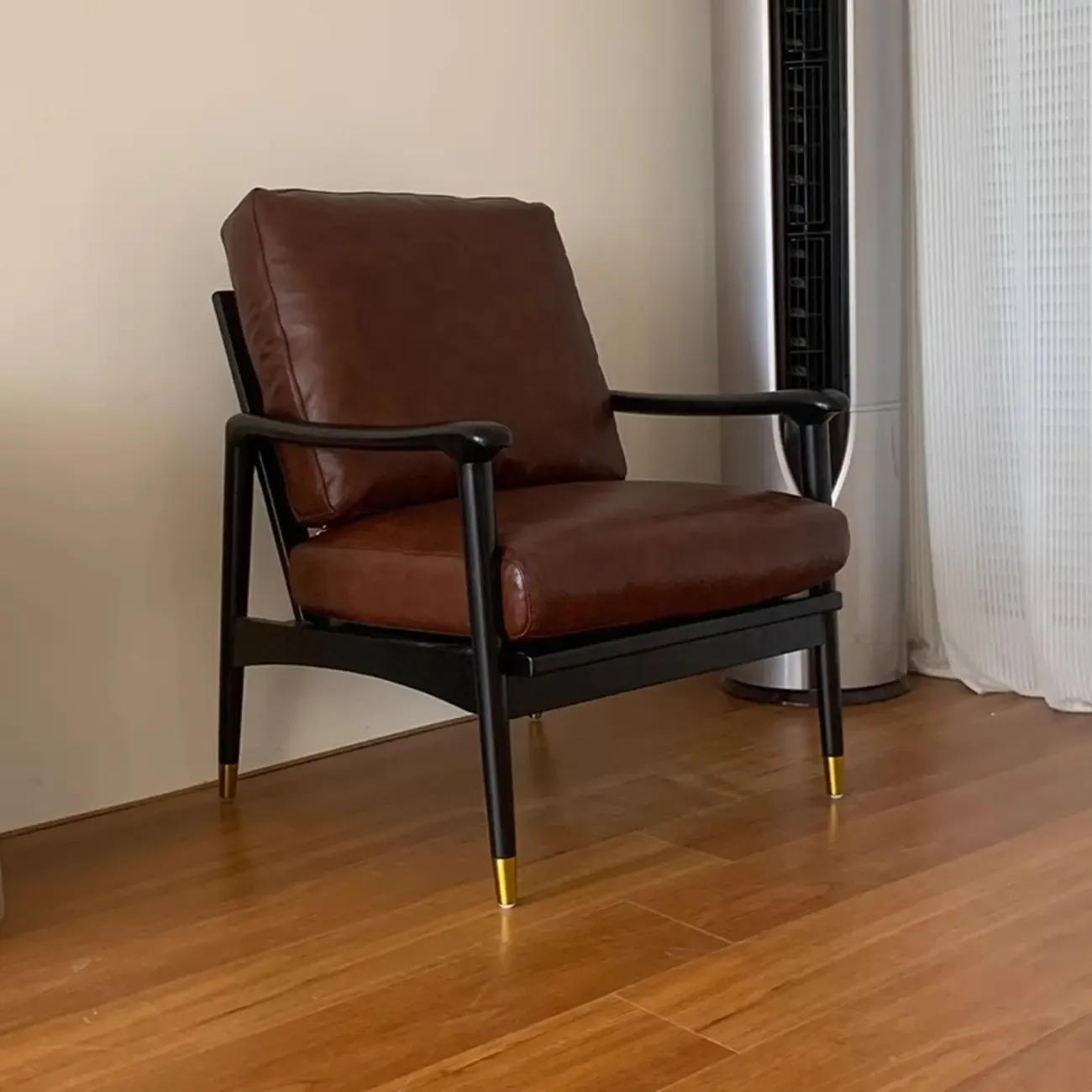 Mid-Century Modern Genuine Leather Arm Chair Living Room Image - 2